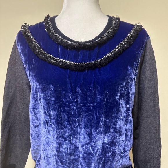 J Crew Black Label Blue Crush Velvet Beads Silver Tinsel Fringe Pullover Top S/M - Picture 6 of 15
